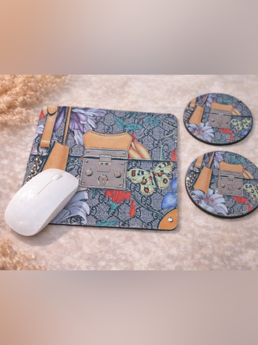 6MP. Floral Print Mouse Pad and Coasters Set (upcycled)